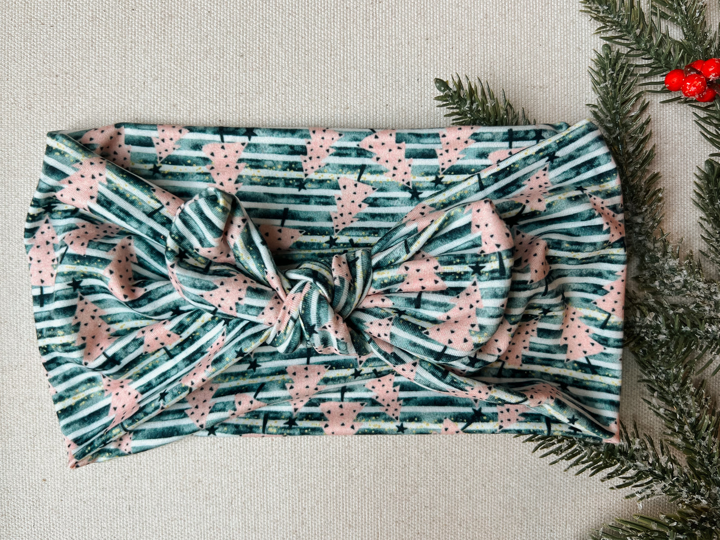 PETITE green stripe + pink tree faux Bow