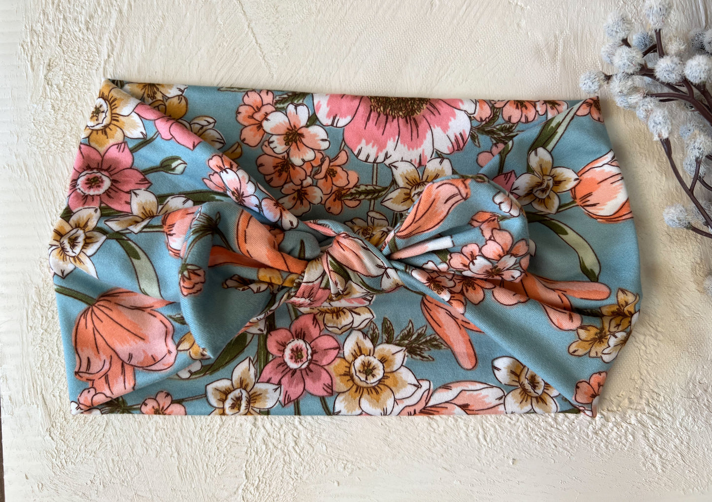 Blue foral faux bow