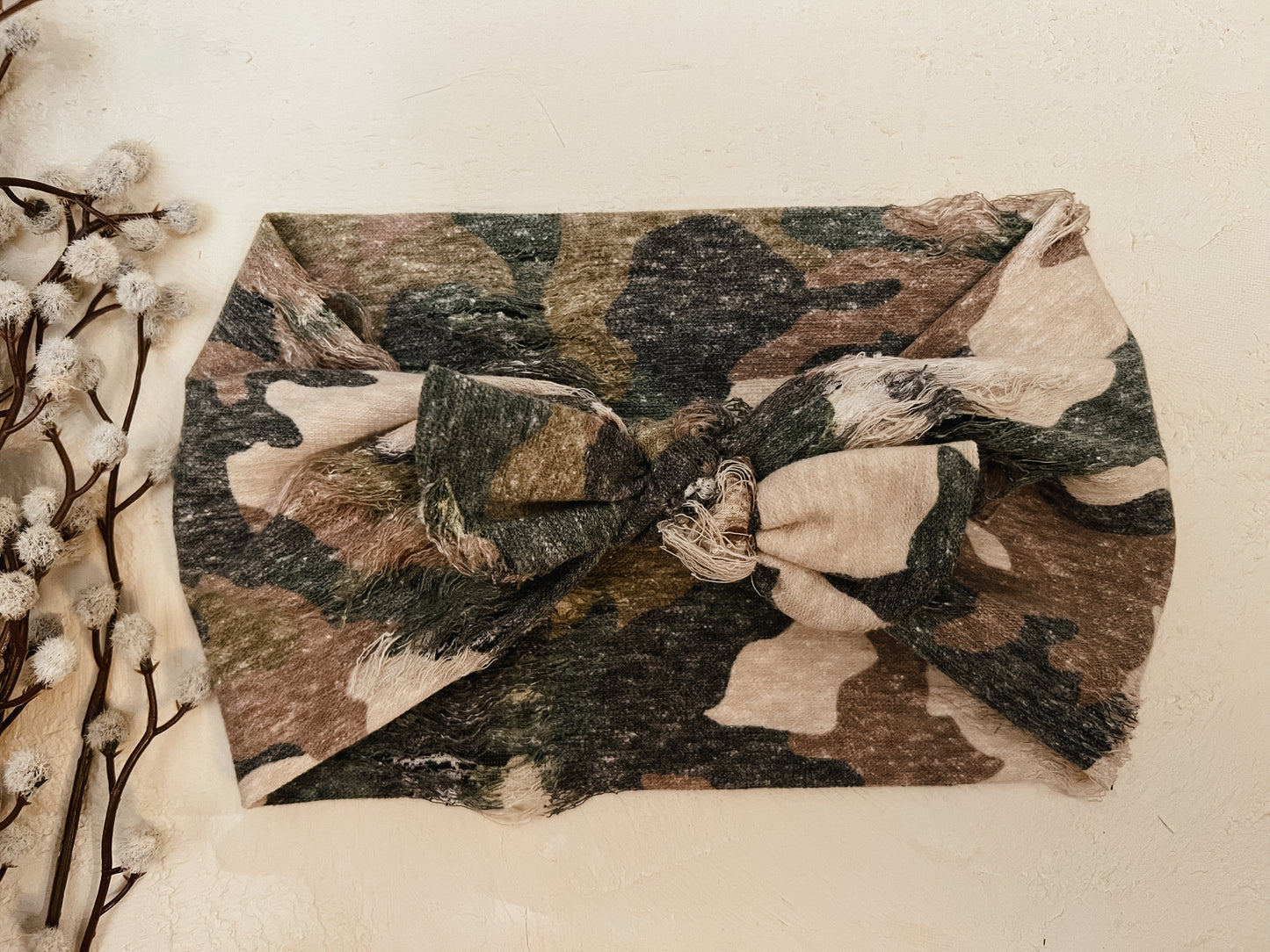 Distressed camo faux bow