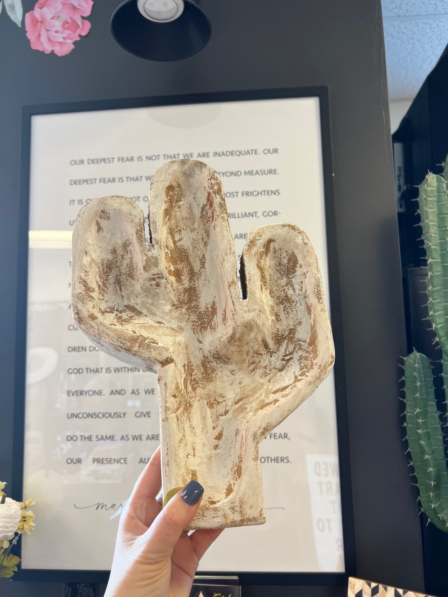 White distressed cactus bowl