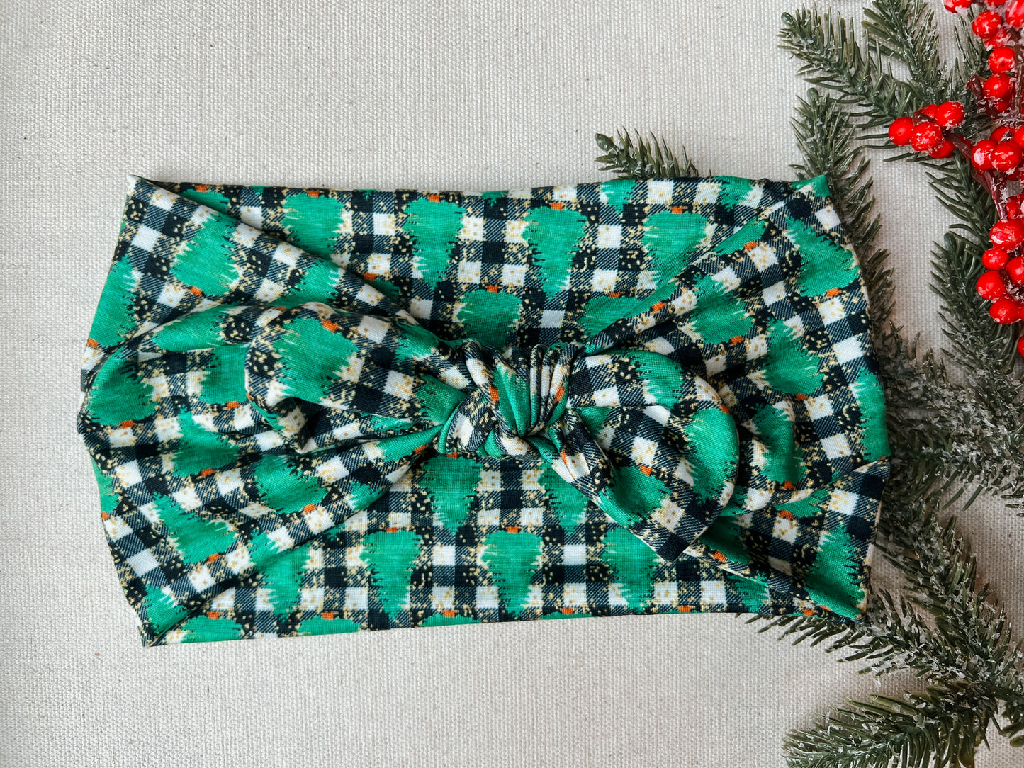 PETITE gingham w green tree Faux Bow