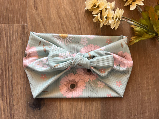 PETITE teal ribbed floral Faux bow