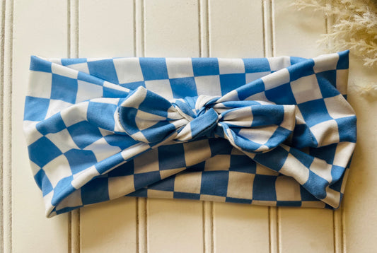 Blue checker faux bow